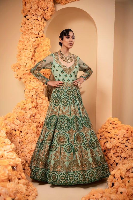 Aqua green crepe Anarkali set with organza dupatta